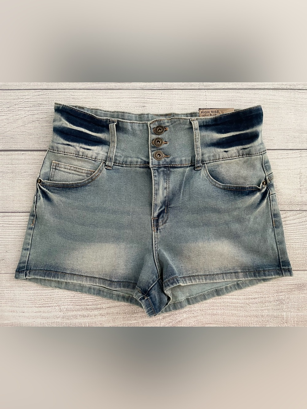High-Rise Light Wash Denim Jean Shorts with Triple Button
